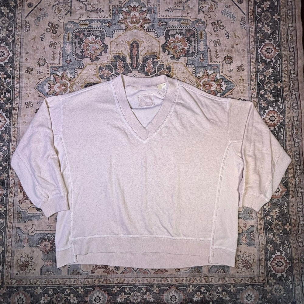 Aerie Real Good Oversized V-Neck Sweatshirt Cream XXL Raw Edge Seam Pullover NWT